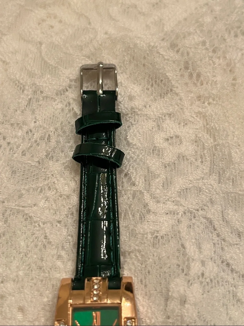 Women's Gold-Tone Green Crystal Accent Rectangle Watch